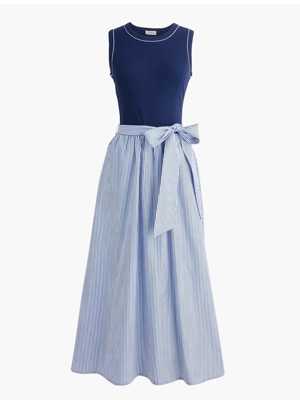 J Crew Navy top and blue Striped Tie-Waist Midi Skirt with pockets